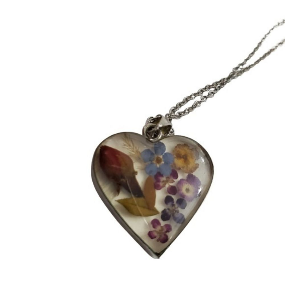 ATI Mexico Pressed Flowers Necklace‎ Floral Silver